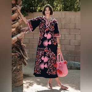 NWT Frances Valentine Size 8 Peacock Caftan Navy Blue, Orange, Pink